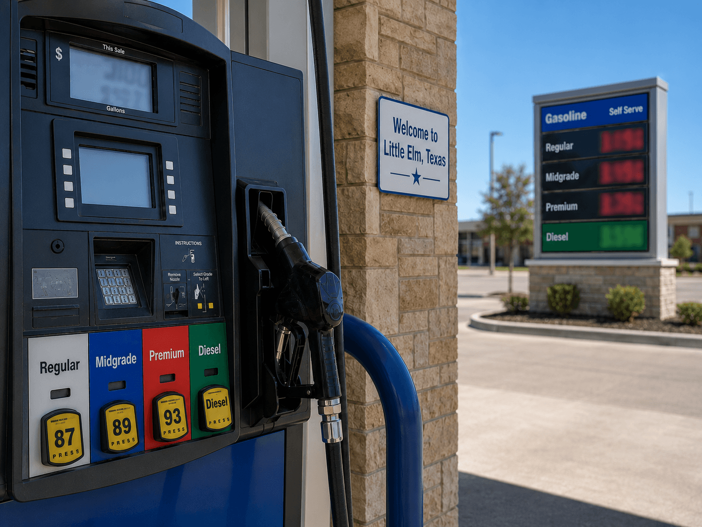 Gas prices at the pump in Little Elm Texas - Illustration Jake Team LLC